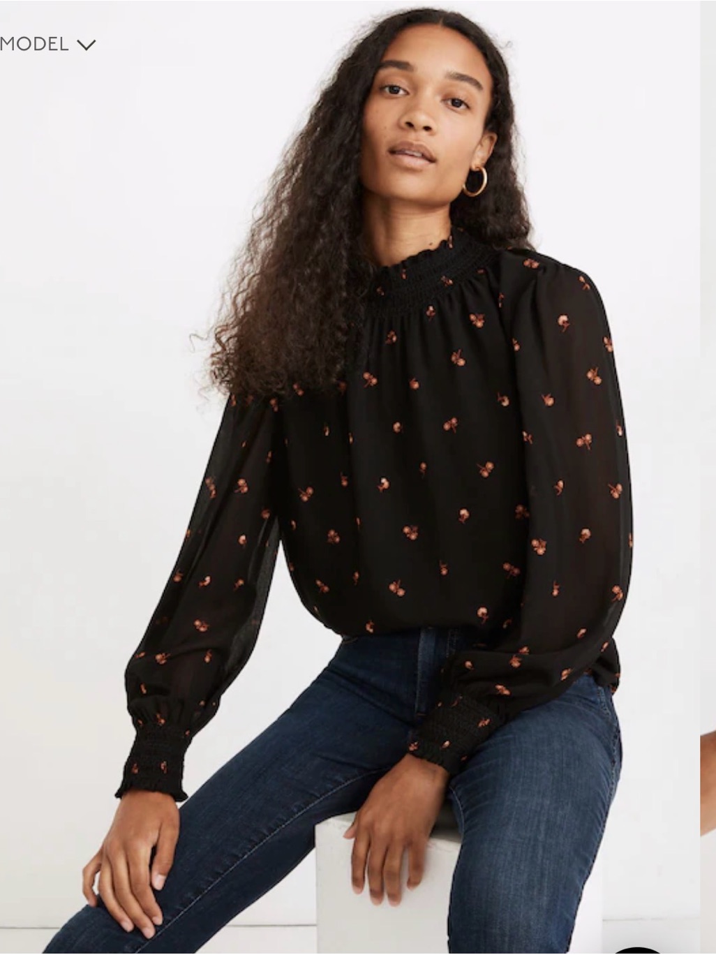 Madewell Black Blouse With Small Orange Floral Accents